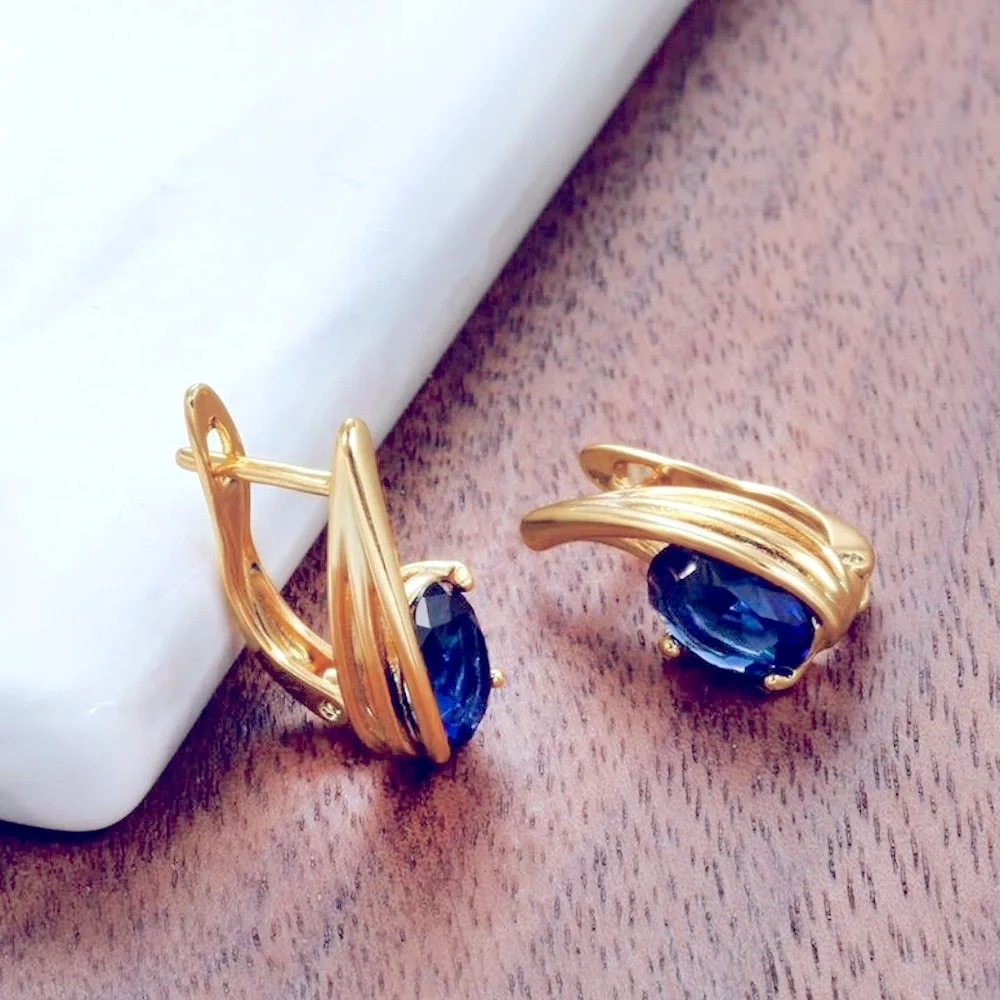 New 18k Gold Over Silver Blue Sapphire Huggie/Studs - Picture 4 of 5